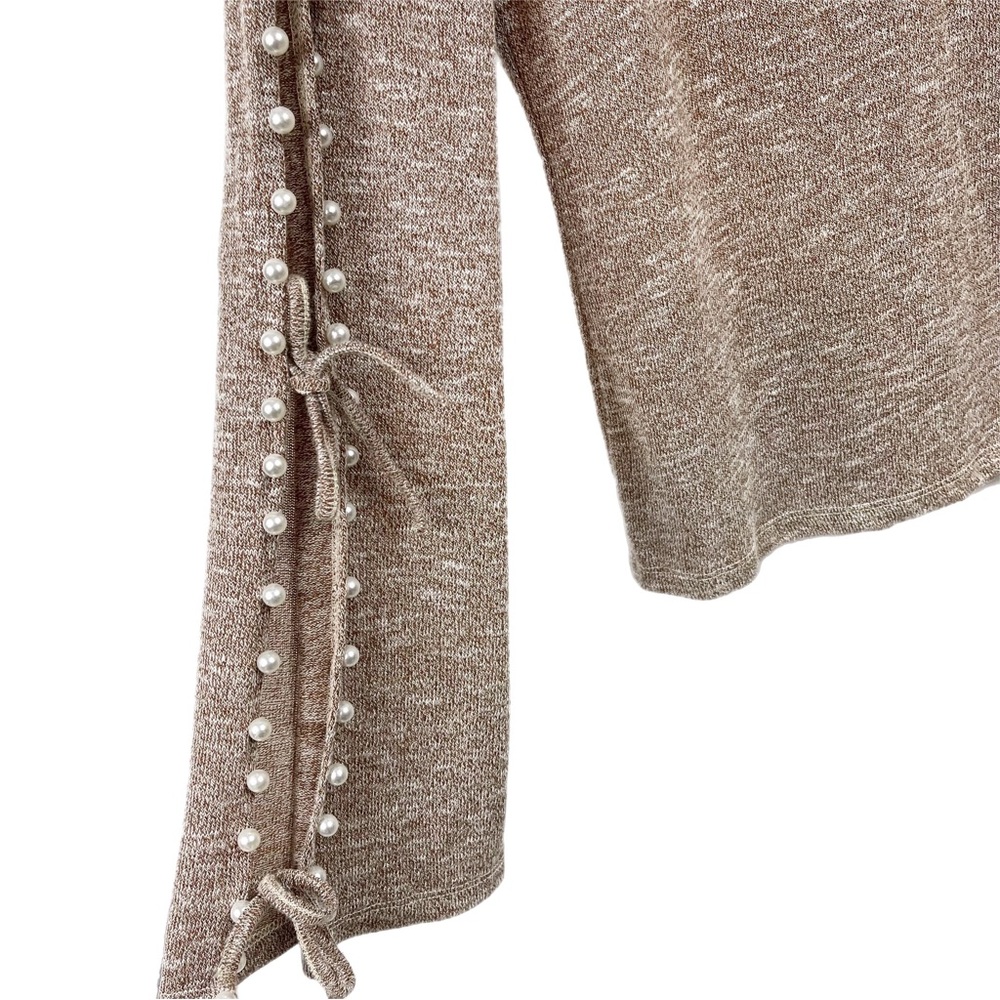 Oeuvre Split Flared Sleeve Pearl Embellished Taupe Sweater S Marled - Picture 2 of 9